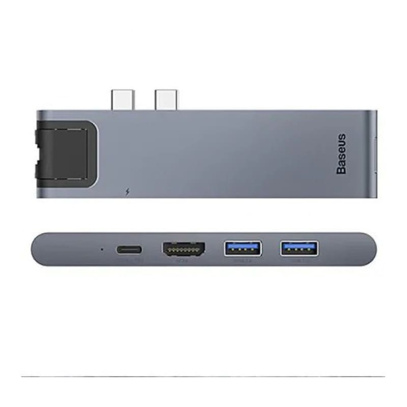 Переходник Baseus для MacBook HUB TB3 C+ (Dual Type-C to USB3.0/HDMI/Type-C/SD/Micro/LAN) (CAHUB-L0G) Deep Grey, тёмно-серый
