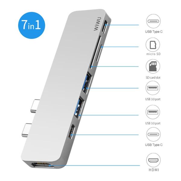 Хаб WiWU 2*USB3.0+2*Type-C+HDMI+SD+TF (T8) Серый