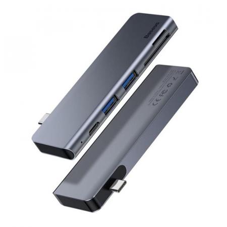 Переходник Baseus для MacBook HUB Harmonica 5в1 (PD/SD/TF/USB 3.0*2) (CAHUB-K0G) Deep Grey, тёмно-серый